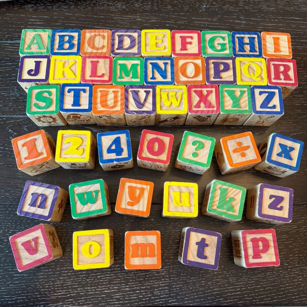 Lot of 45 Vintage Wood Letter & Number Blocks Complete Alphabet + Extras 1.75"